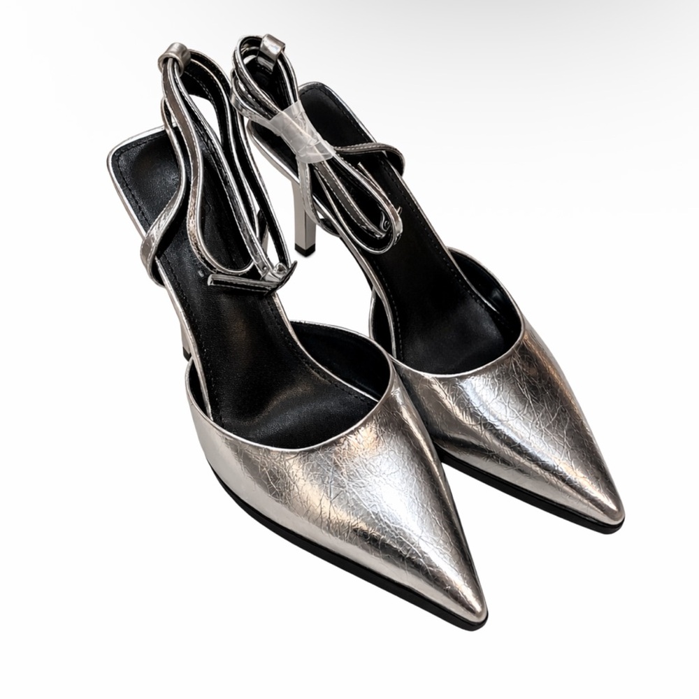 Silver Pointed-Toe Slingback Heels with Ankle Strap